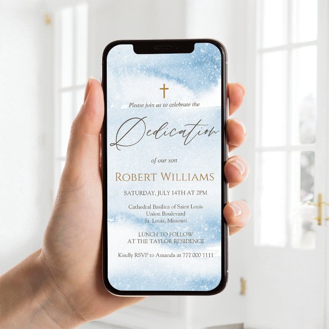Blue Watercolor Baby Boy Dedication Mobile Invite (Blue Watercolor Baby Boy Dedication Mobile Invite)