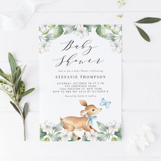 Blue Watercolor Baby Deer Woodland Baby Shower Invitation (Creator Uploaded)