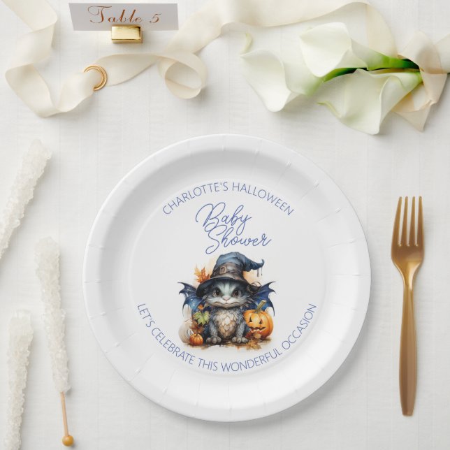 Blue Watercolor Baby Dragon Halloween Baby Shower Paper Plate (Wedding)