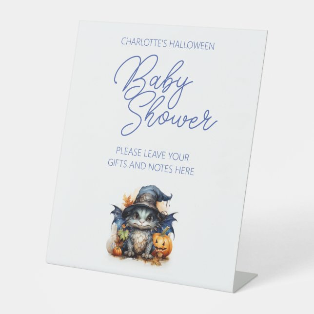 Blue Watercolor Baby Dragon Halloween Baby Shower Pedestal Sign (Front)