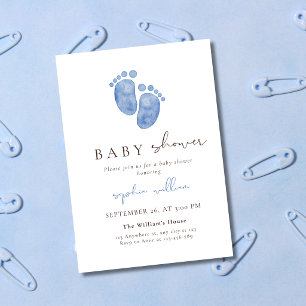 Blue Watercolor Baby Footprints Baby Shower Invitation