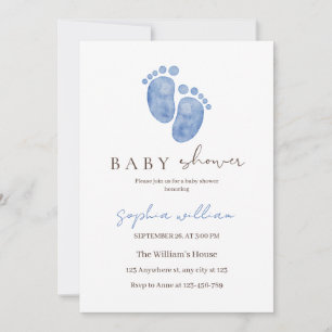 Blue Watercolor Baby Footprints Baby Shower Invitation