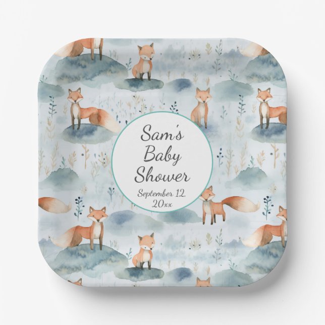 Blue Watercolor Baby Fox Baby Shower Paper Plate (Front)