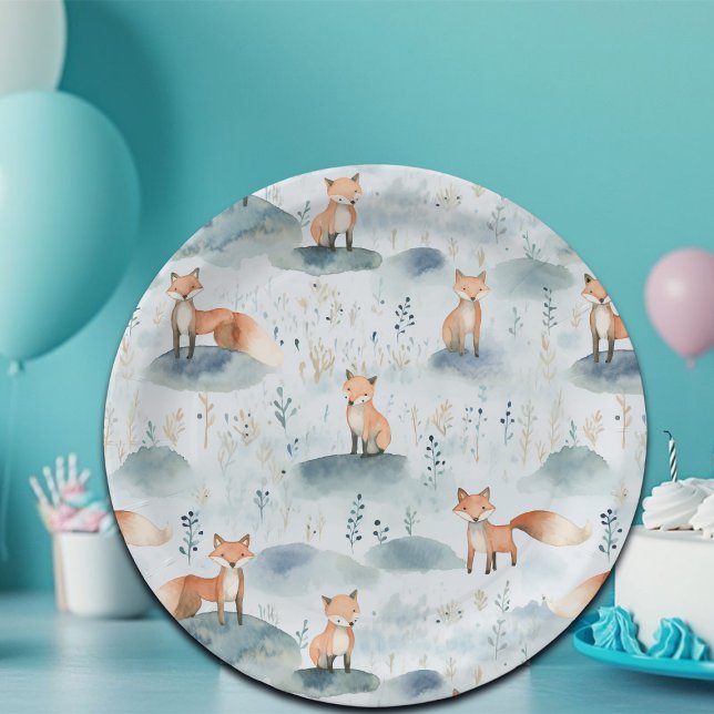 Blue Watercolor Baby Fox  Paper Plate (Creator Uploaded)