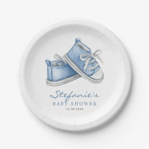 Blue Watercolor Baby Shoes It's a Boy Baby Shower Paper Plate