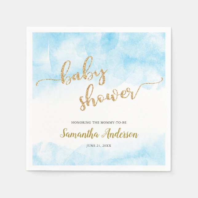 Blue Watercolor Baby Shower Gold Glitter Script Napkin (Front)