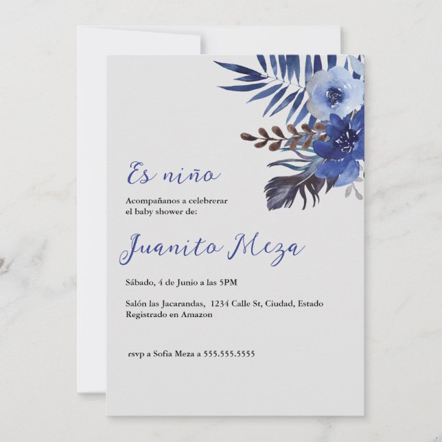 Blue watercolor baby shower invitation for boy (Front)