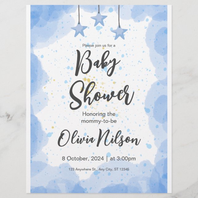 Blue Watercolor Baby Shower,  Oh Boy Baby Shower Flyer (Front)