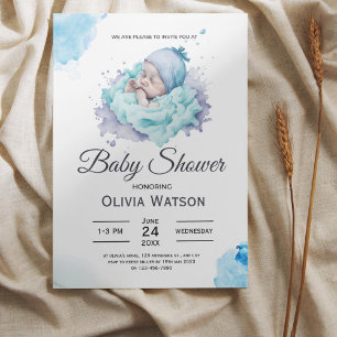 Blue Watercolor Baby Soft Boy Shower  Invitation