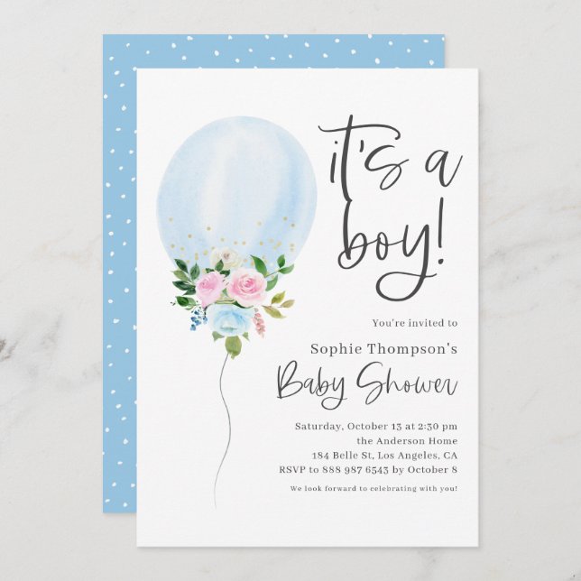 Blue Watercolor Ballon It's a Boy Baby Shower Invitation (Front/Back)