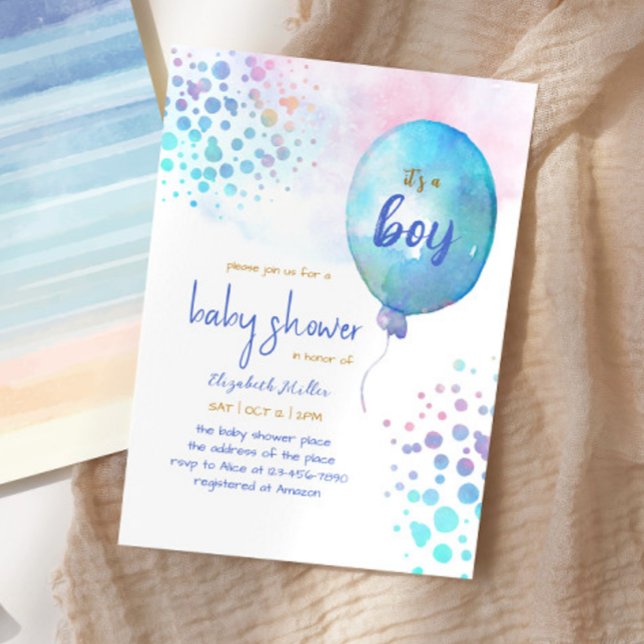 Blue Watercolor Balloon Baby Boy Shower Invitation (Creator Uploaded)