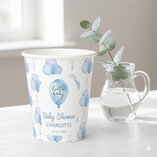 Blue Watercolor Balloon Floral Boy Baby Shower Paper Cups