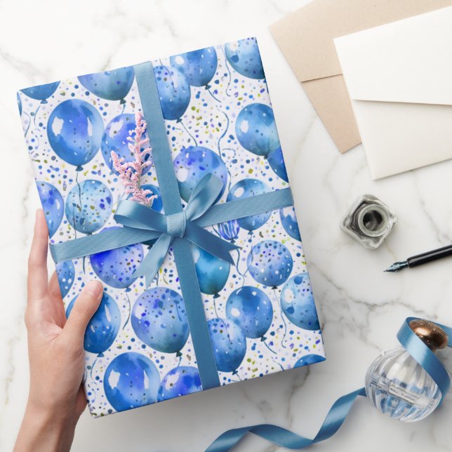 Blue Watercolor Balloons and Confetti Boy Birthday Wrapping Paper (Gifting)