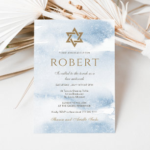 Blue Watercolor Bar Mitzvah Invitation   Gold Star