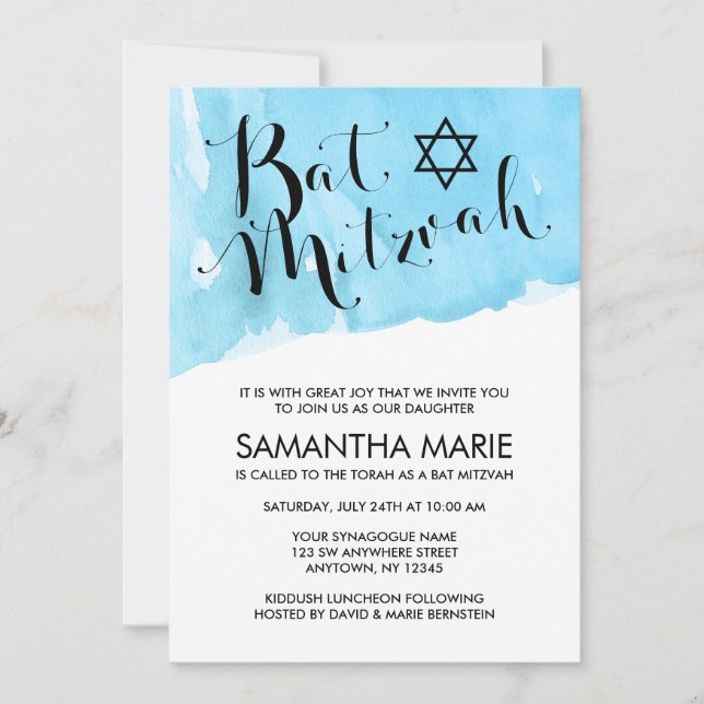Blue Watercolor Bat Mitzvah Invitations (Front)