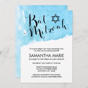 Blue Watercolor Bat Mitzvah Invitations