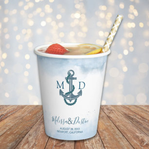 Blue Watercolor Beach Anchor Nautical Wedding  Paper Cups