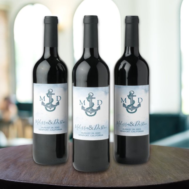Blue Watercolor Beach Anchor Nautical Wedding  Wine Label (Blue Watercolor Beach Anchor Nautical Wedding Wine Label)