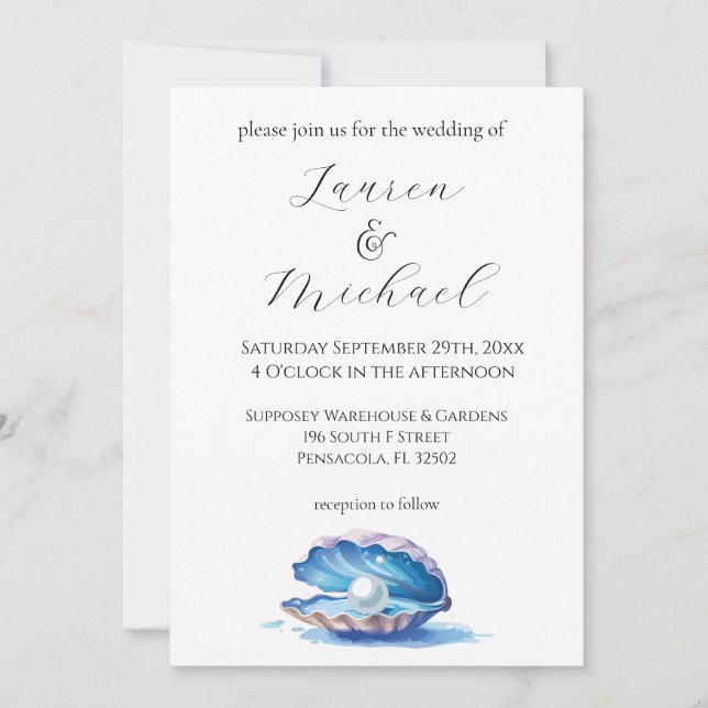 Blue Watercolor Beach Oyster Wedding Invitation (Front)