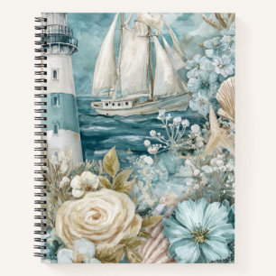 BLUE WATERCOLOR BEACH SCENE SAILBOAT LIGHTHOUSE  NOTEBOOK