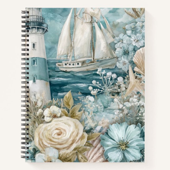 BLUE WATERCOLOR BEACH SCENE SAILBOAT LIGHTHOUSE  NOTEBOOK (Front)