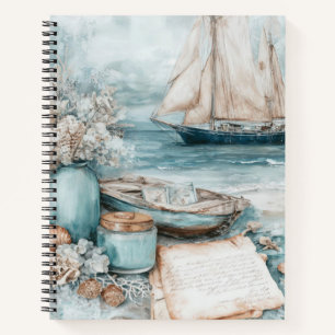 BLUE WATERCOLOR BEACH SCENE WITH SAILBOAT NOTEBOOK