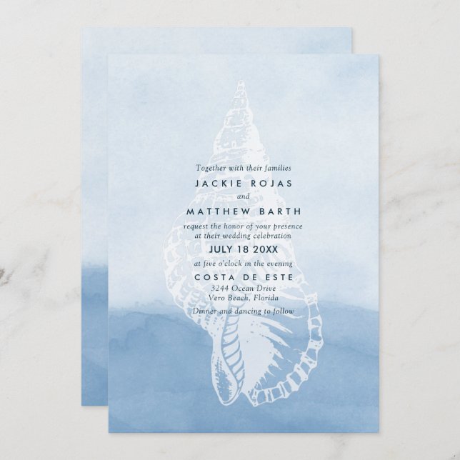 Blue Watercolor Beach Seashell Wedding Invitation (Front/Back)