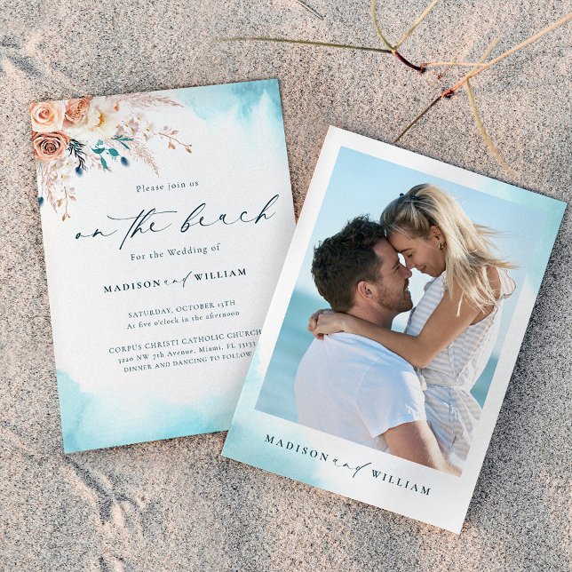Blue Watercolor Beach Wedding Invitation (Creator Uploaded)