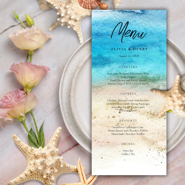 Blue Watercolor Beach Wedding Menu (Creator Uploaded)