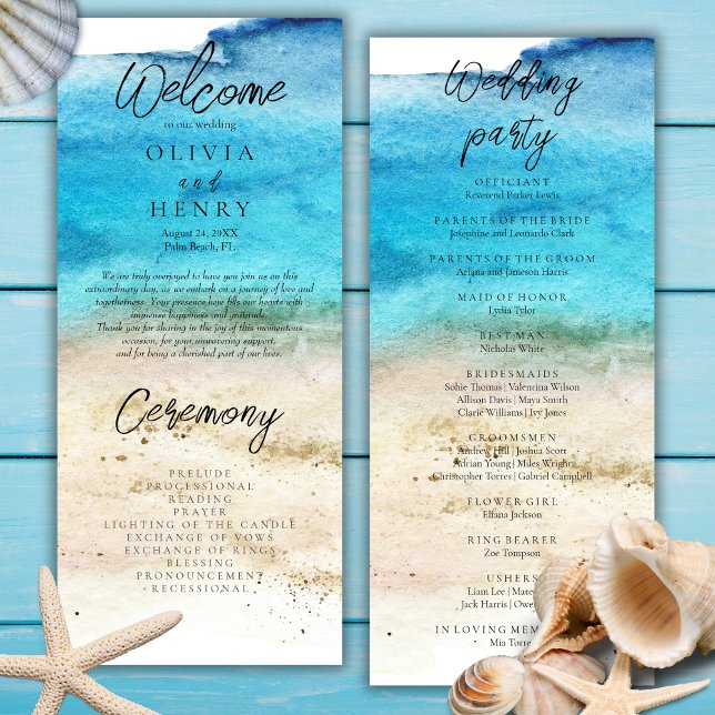 Blue Watercolor Beach Wedding Program  (Creator Uploaded)