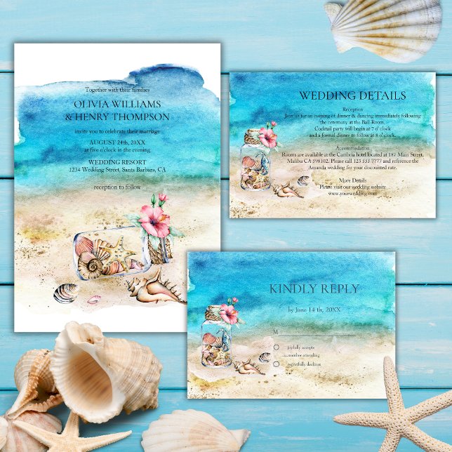 Blue Watercolor Beach Wedding RSVP (Creator Uploaded)