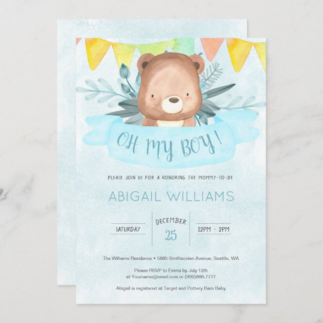Blue Watercolor Bear Boy Baby Shower Invitation (Front/Back)