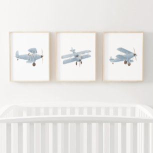 Blue Watercolor Biplane Boy Travel Nursery Decor