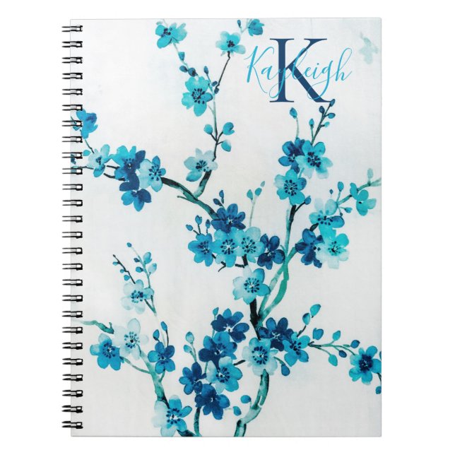 Blue Watercolor Blooms | Monogrammed Notebook (Front)
