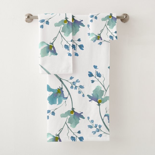 Blue Watercolor Blossom Bath Towel Set (Insitu)