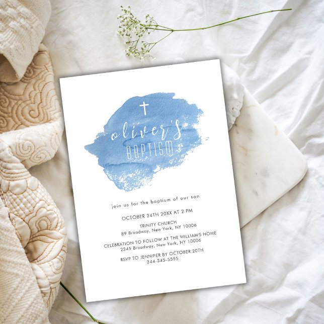 Blue Watercolor Blush Cross Christening Baptism Invitation (Blue Watercolor Blush Cross Christening Baptism Invitation)