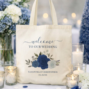 Blue Watercolor Boho Roses Elegant Wedding Welcome Tote Bag
