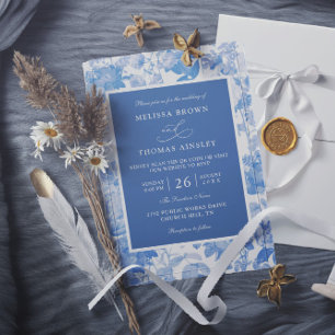 Blue Watercolor Botanical Budget QR Code Wedding Invitation