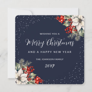 Blue Watercolor Botanical Christmas New Year Card
