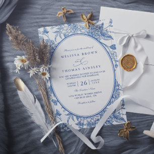 Blue Watercolor Botanical Florals Elegant Wedding Invitation