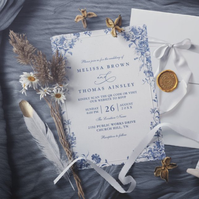 Blue Watercolor Botanical Florals QR Code Wedding Invitation (Creator Uploaded)