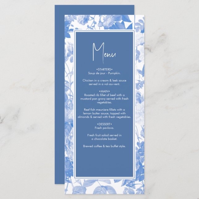 Blue Watercolor Botanical Florals Wedding  Menu (Front/Back)