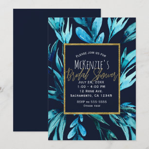 Blue Watercolor Botanical Glam Bridal Shower  Invitation