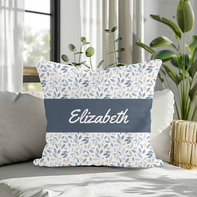Blue Watercolor Botanical Pattern Custom Name Cushion (Creator Uploaded)