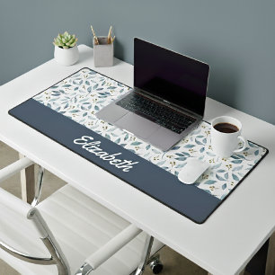 Blue Watercolor Botanical Pattern Custom Name Desk Mat