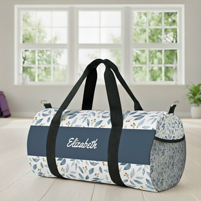 Blue Watercolor Botanical Pattern Name Duffle Bag (Creator Uploaded)