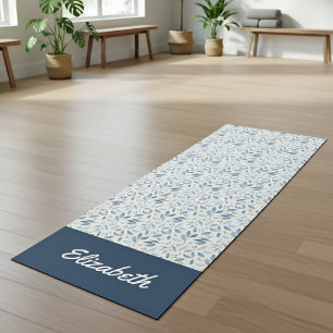 Blue Watercolor Botanical Pattern Name Yoga Mat