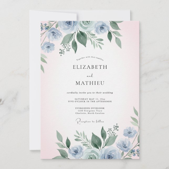 Blue Watercolor Botanical Romance Wedding Invitation (Front)