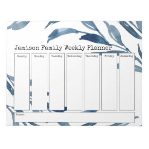 Blue Watercolor Botanicals Weekly Planner Notepad