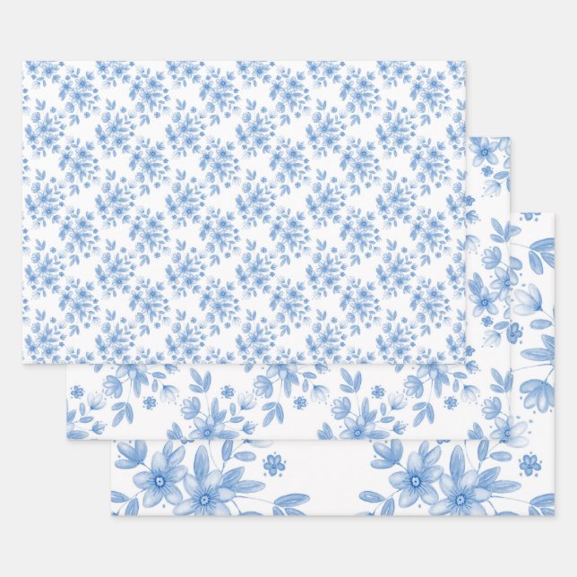 Blue Watercolor Bouquet Pattern   Wrapping Paper Sheet (Set)